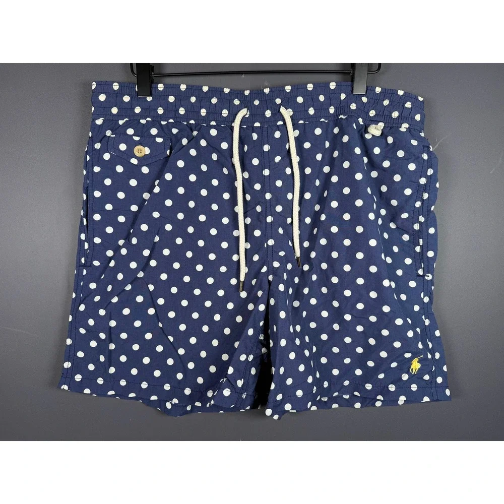 Polo Ralph Lauren Mens Small Navy Blue Polka Dot Swim Trunks Shorts Yellow Pony